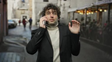Şehir merkezindeki terasın yanındaki şık kıyafetli adam telefonda konuşuyor. Şehir geçmişi bulanık, modern yaşam tarzını gözler önüne seriyor..