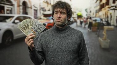 Bir şehir sokağında elinde Amerikan doları tutan İspanyol bir adam. Yüzünde ciddi bir ifade var..