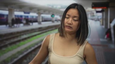 Yoğun bir tren istasyonunda dışarıda duran kadın, tren raylarının ve park halindeki trenlerin bulanık arka planında düşünceli görünüyor..