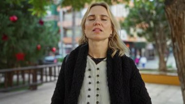 Şehir parkında gülümseyen, tatil süsleriyle gülümseyen, açık şehir ortamında sarı saçlı, olgun bir beyaz kadın..