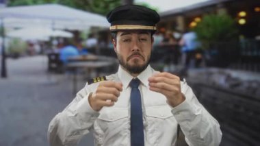 Üniformalı, sakallı genç adam sokakta bulanık insanlar ve arka planda siyah şapka ve beyaz gömlek giyen ağaçlarla geziyor..