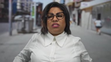 Şehir sokaklarında gözlüklü Latin bir kadın şehir ortamında hayal kırıklığına uğramış görünüyor..