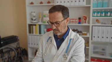 Hastane ofisinde çalışan ve dizüstü bilgisayarında steteskop ile hasta bakımına odaklanmış tıbbi ekipman ve malzemelerle çalışan bir doktor..