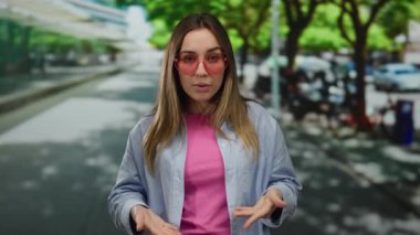 Güneşli bir sokak sahnesinde pembe gömlek ve güneş gözlüğü takmış, rahat bir ifade ve günlük kıyafetle meditasyon yapan bir kadın..