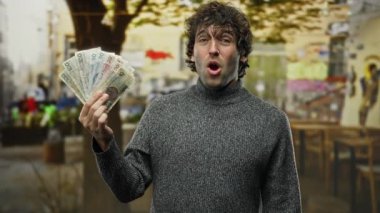 İspanyol adam heyecan içinde Czech Koruna banknotlarını şehir sokaklarında sergiliyor..