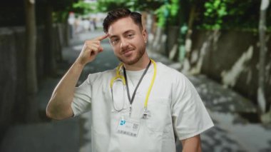 Steteskop takan sakallı genç bir doktor güneşli bir şehir sokağında profesyonel ve sıradan titreşimleri harmanlayan açık havaya işaret ediyor..