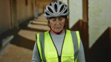 Kask ve güvenlik yeleği giyen son sınıf öğrencisi İspanyol bir kadın eski bir üniversitede yorgun bir şekilde ayakta duruyor..