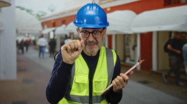 Mavi miğfer takan ve yansıtıcı yelek giyen adam şehir caddesinde bir pano tutuyor. Açık havada olgun İspanyol bir erkekle inşaat teması taşıyor..