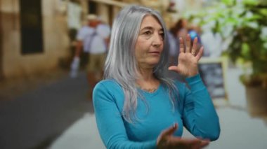 Gri saçlı yaşlı bir kadın hayat dolu bir caddede enerjik bir şekilde jestler yapıyor, şehir dışındaki yayaların arasında mutluluk ve canlılığı somutlaştırıyor..