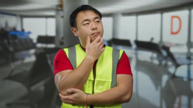 Yansıtıcı yelek giyen genç adam, arka planda D harfi ve oturma düzeniyle boş bir havaalanı terminalinde düşünceli bir şekilde duruyor..