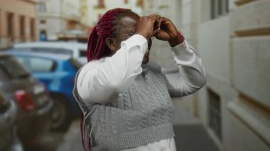 Saçları örgülü bir kadın, neşeli bir şehir caddesinde dürbünü taklit eder, neşeyi ifade eder ve açık hava atmosferini yakalar..