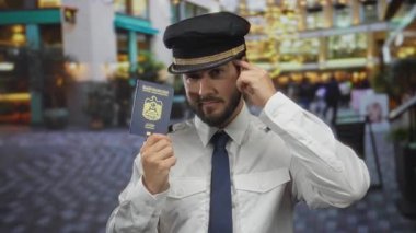 Birleşik Arap Emirlikleri pasaportu taşıyan pilot üniformalı bir adam kalabalık bir sokak ortamında dışarıda..