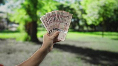 Arka planda yeşillik olan bir parkta Suudi riyal banknotları tutan bir adamın eli, doğal ortamında para ve finansal konsept sergiliyor..