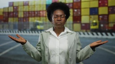 Kargo konteynırlarının önünde açık havada duran, kafası karışmış bir ifade ve kolları açık bir kadın, hareketli sahil ortamında belirsiz bir an sergiliyor..