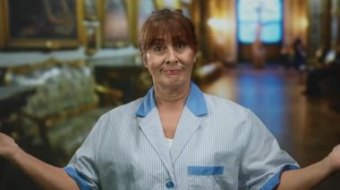 Üniformalı son sınıf öğrencisi bir kadın zarif müzede kapalı mekanlar kurarak kültürel bir ortamda temizlikçi olarak rolünü vurguladı..