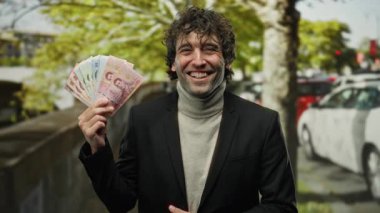 Elinde Thai banknotları tutan bir adam şehrin sokaklarında gülümsüyor mutluluğu kentsel finansal başarıyla harmanlıyor ve hareketli bir ortamda zenginliği resmediyor..