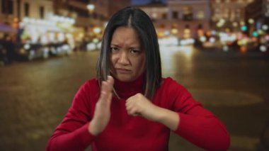 Kırmızı tişörtlü bir kadın gece bir şehir sokağında dışardaki bir çatışmayla ilgili çeşitli duygular göstererek anlamlı jestler yapıyor..