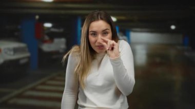 Sarı saçlı genç bir kadın park yerinde kendine güvenen ve rahat bir ifade sergileyen araçlarla küçük bir jest yapıyor..