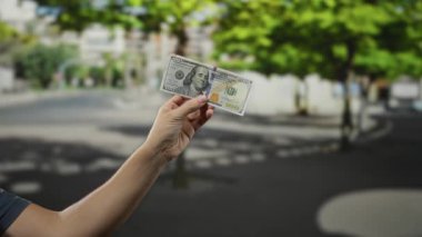 Çevresindeki ağaçların ve binaların bulanık geçmişiyle finans ve kentsel yaşam tarzına odaklanan, açık şehir sokak ortamında dolar tutan bir adamın eli..