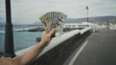 Sahilde Amerikan dolarlarını elinde tutan bir adam. Arka planda deniz ve deniz var. Parlak bir günde açık havada maddi bolluk sergileniyor..