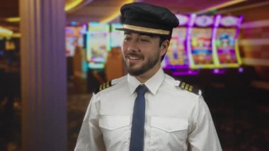Pilot üniformalı genç sakallı adam arka planda kumar makineleri ile canlı bir kumarhane ortamında gülümsüyor.