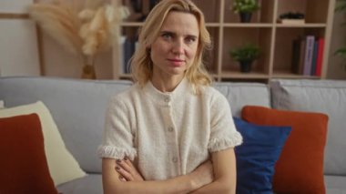 Oturma odasında rahat bir koltukta oturan bir kadın kollarını kavuşturmuş, kendine güveni ve sıcaklığı yayıyor, bitkilerle ve renkli yastıklarla çevrili..