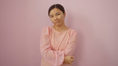 Pembe kürsüler giyen Asyalı kadın kollarını pembe arka planda çapraz tutarak sıkıntısını ifade ediyor. Görsel olarak yumuşak ve düşünceli bir atmosfer yaratıyor..