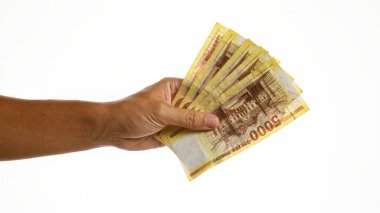 Beyaz arka planda izole edilmiş Macar banknotları tutan adam.