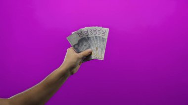 İsveç banknotlarını parlak mor arka planda tutan adam, izole bir duvar düzeninde finansal konsepti resmediyor.