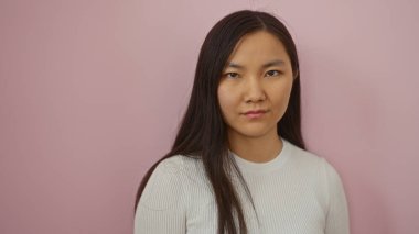 İzole edilmiş pembe bir arka plana karşı duran bir kadın. Uzun saçlı, kendine güvenen bir ifadeyle çekici, yetişkin bir Asyalı kadın..