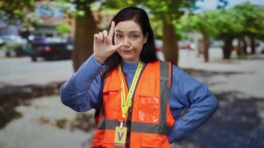 Turuncu yelekli kadın sokak gösterisinde ezik jestler yapıyor esmer saçlı ve şehirli gönüllü iş yapıyor..
