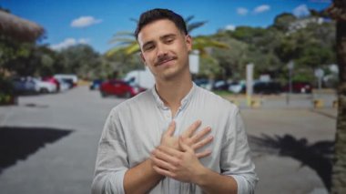 Açık mavi gökyüzünün altında park halindeki arabalar ve ağaçlarla çevrili güneşli bir şehir caddesinde kalbi olan genç İspanyol bir adam gülümsüyor..