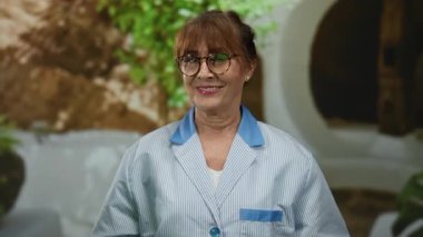 Gözlüklü, gözlüklü, yeşil bir çevresi olan, şehir caddesinde dikilen gülümseyen son sınıf öğrencisi kadın, temizlikçi rolünde pozitiflik ve profesyonellik sergiliyor..