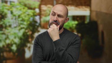 Sakallı, düşünceli, kel bir adam şehir merkezinde yeşil bir ortamda duruyor. Karar vermeyi düşünüyor.