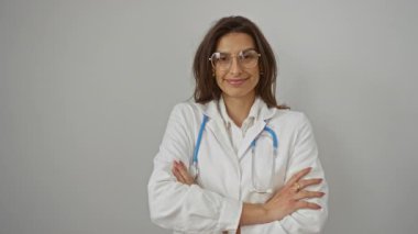 Steteskoplu kendine güvenen kadın doktor beyaz duvarın karşısında kollarını kavuşturup neşeli bir şekilde gülümsüyor..