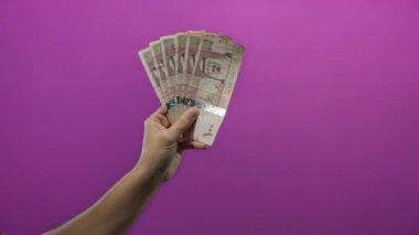 Suudi Arabistan riyal banknotlarına karşı canlı mor arka plan sergilenen finans ve ekonomi.