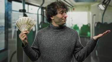 Otobüste elinde Rus rublesiyle kameraya güvenle gülümseyen bir adam var. Başarı ya da finansal kazanç öneriyor..