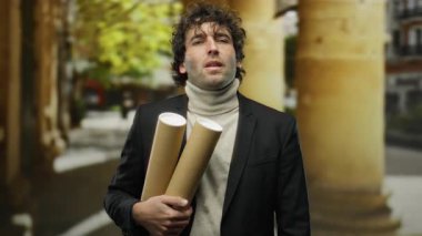 Genç adam dışarıda elinde ciddi bir ifadeyle karton tüplerle dikiliyor, takım elbise ve balıkçı yaka giyiyor, şehir mimarisi ve yeşillik ile çevrili..