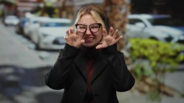 Gözlüklü, gülümseyen bir kadın park etmiş arabaları ve arka planda yeşilliği olan bir şehir caddesinde neşeli pençeler yapıyor..