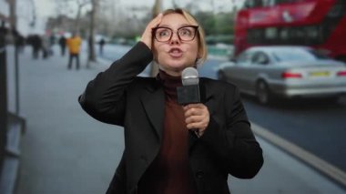 Elinde mikrofon tutan kadın bir şehir caddesinde şaşkın bir ifade ve arka planda bulanık trafik ve yayalar olan bir açık hava haberi sırasında.