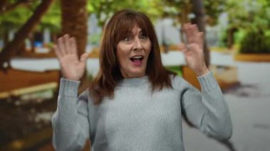 Kıdemli İspanyol kadın yeşil ağaçlarla parkta neşeyle dans ediyor. Mutluluk ve özgürlük sergiliyor..