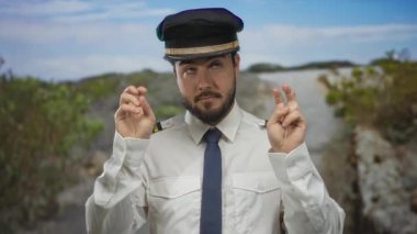 Açık havada yeşil bir parkta sakallı, pilot üniformalı genç bir adam etkileyici ve düşünceli bir duruş sergiliyor..