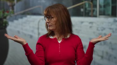Şehir sokağında kollarını ve gözlüklerini açmış kırmızı kazak giyen bir kadın, şehir arkaplanının ortasında merak uyandırıyor..