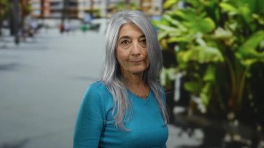 Arka planda yemyeşil yemyeşil bir sokakta duran mavi tişörtlü yaşlı gri saçlı kadın..