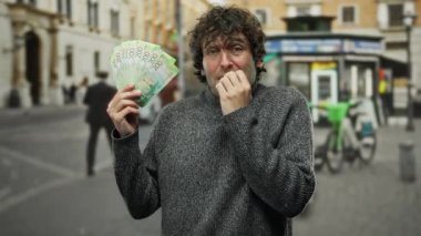 Şehirde elinde Rus rublesi olan İspanyol bir adam şehir binaları ve sokak dekorlarıyla tedirgin bir şekilde para etrafında duygularını ifade ediyor..
