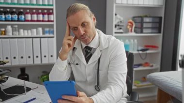 Beyaz önlüklü doktor, düşünceli ve odaklanmış görünürken raflar ve tıbbi dosyalarla çevrili bir klinikte tablet kullanıyor..