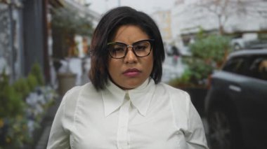 Şehir caddesinde gözlüklü ve beyaz gömlekli bir kadın. Düşünceli ve düşünceli görünüyor..