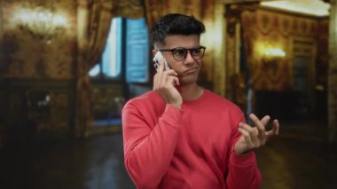 Gözlüklü genç adam lüks otel ortamında telefonla konuşuyor, düşünceli duygularını ifade ediyor..