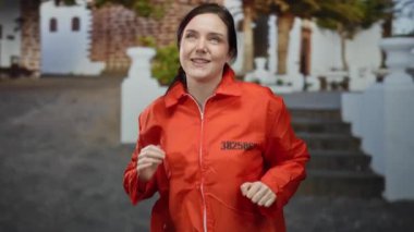 Portakal rengi hapishane tulumuyla neşeli bir şekilde dans eden bir kadın. Meksika 'nın antika bir köyünde gözleri kapalı geleneksel mimarisini sergiliyor..