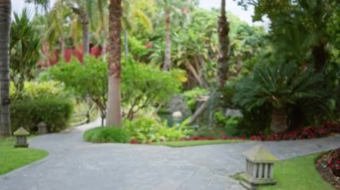 Bereketli yeşillik ve bokeh etkisine sahip bulanık tropikal bahçe yolu, cennetteki lüks bir tatil köyünün sakin atmosferini yakalıyor..